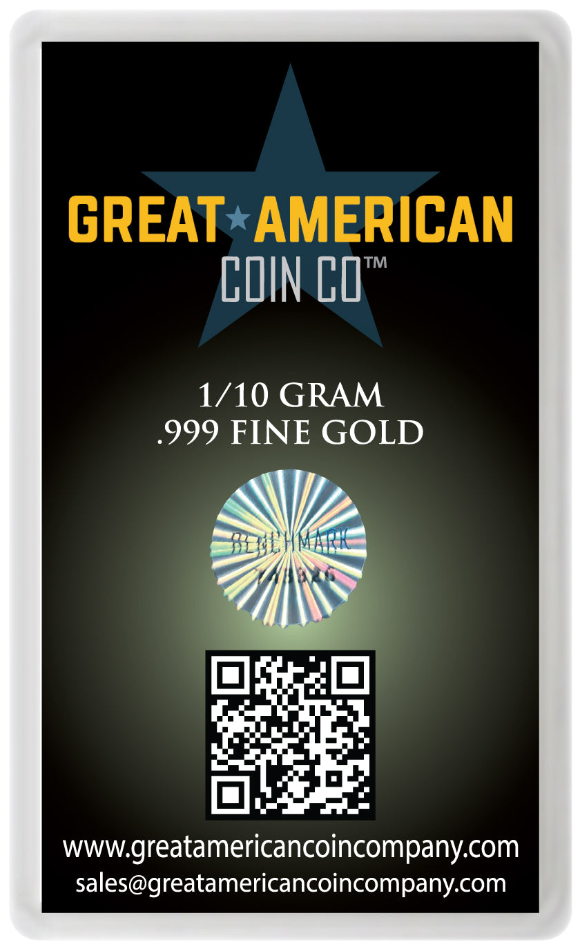 Great American Coin Co gold 1/10 gram packaging with gold bar illustration and contact information back