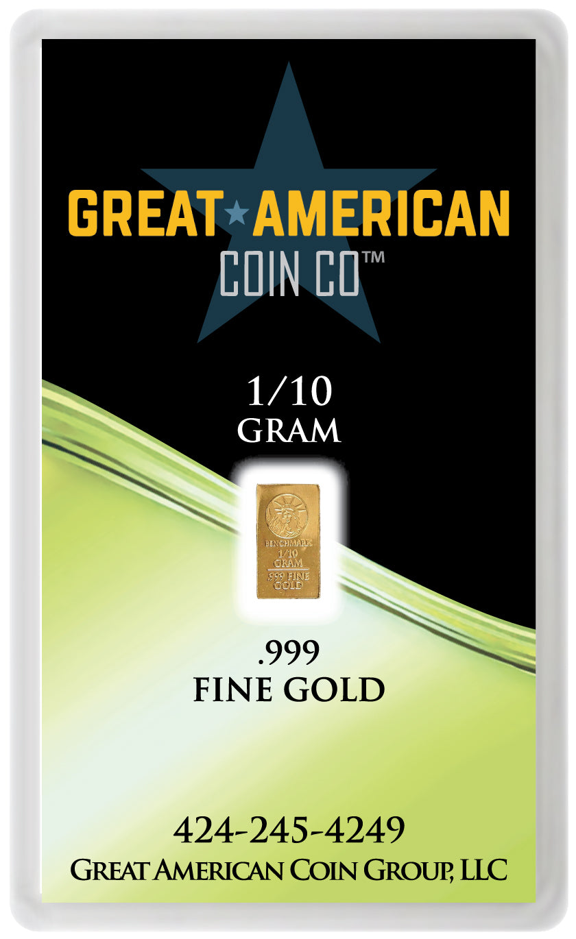 Great American Coin Co gold 1/10 gram packaging with gold bar illustration and contact information front