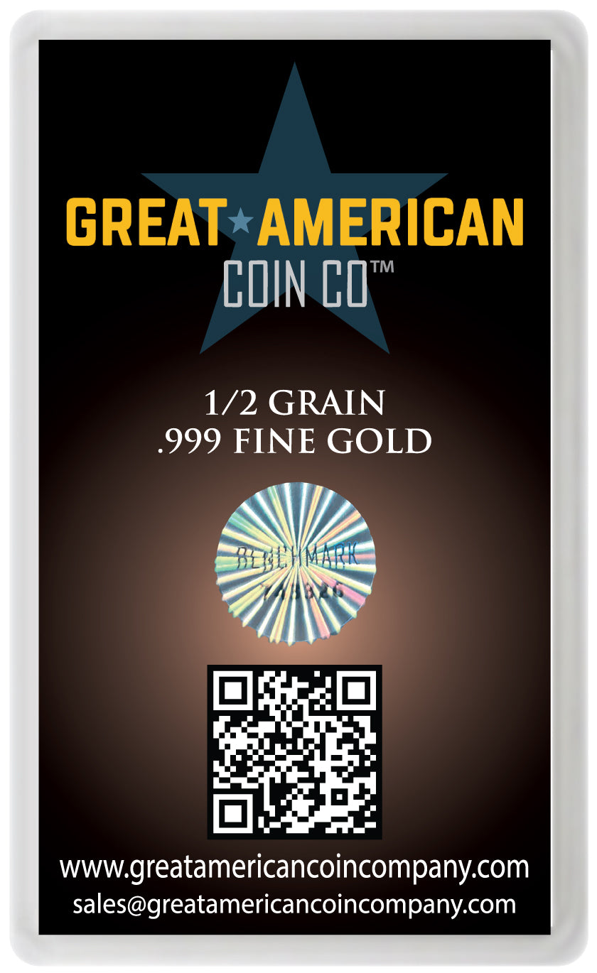 Great American Coin Co gold 1/2 grain packaging with gold bar illustration and contact information front