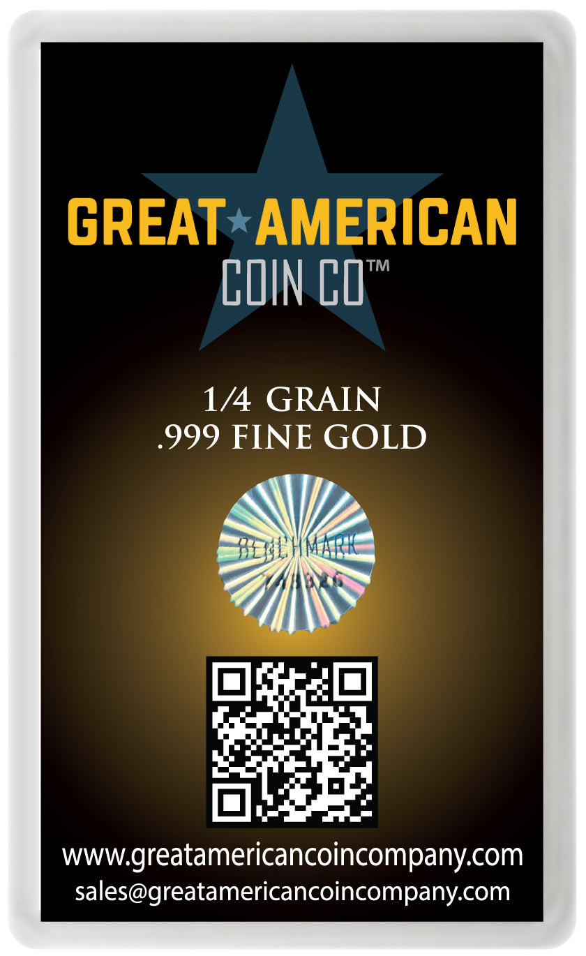 Great American Coin Co gold 1/4 grain packaging with gold bar illustration and contact information back