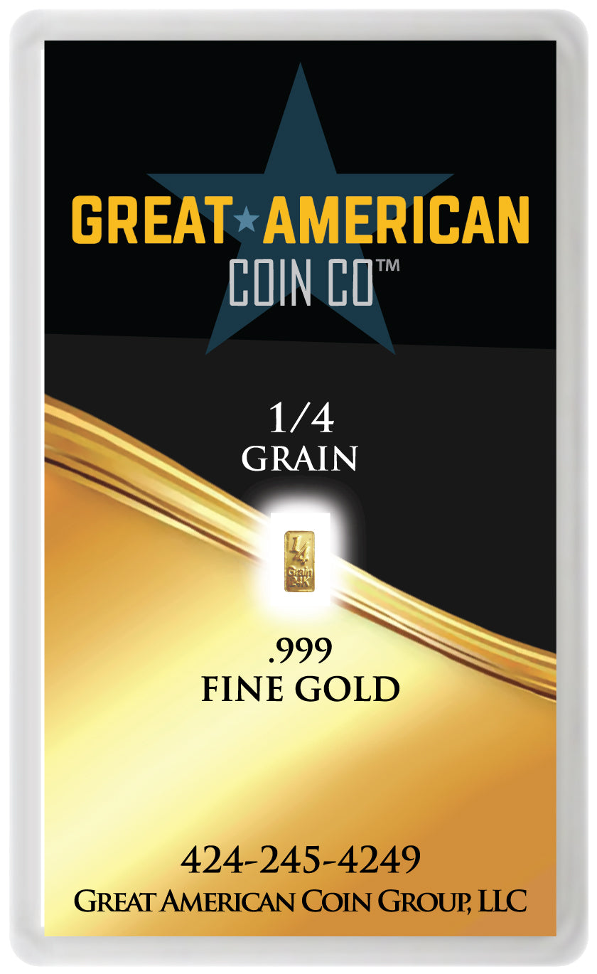 Great American Coin Co gold 1/4 grain packaging with gold bar illustration and contact information front