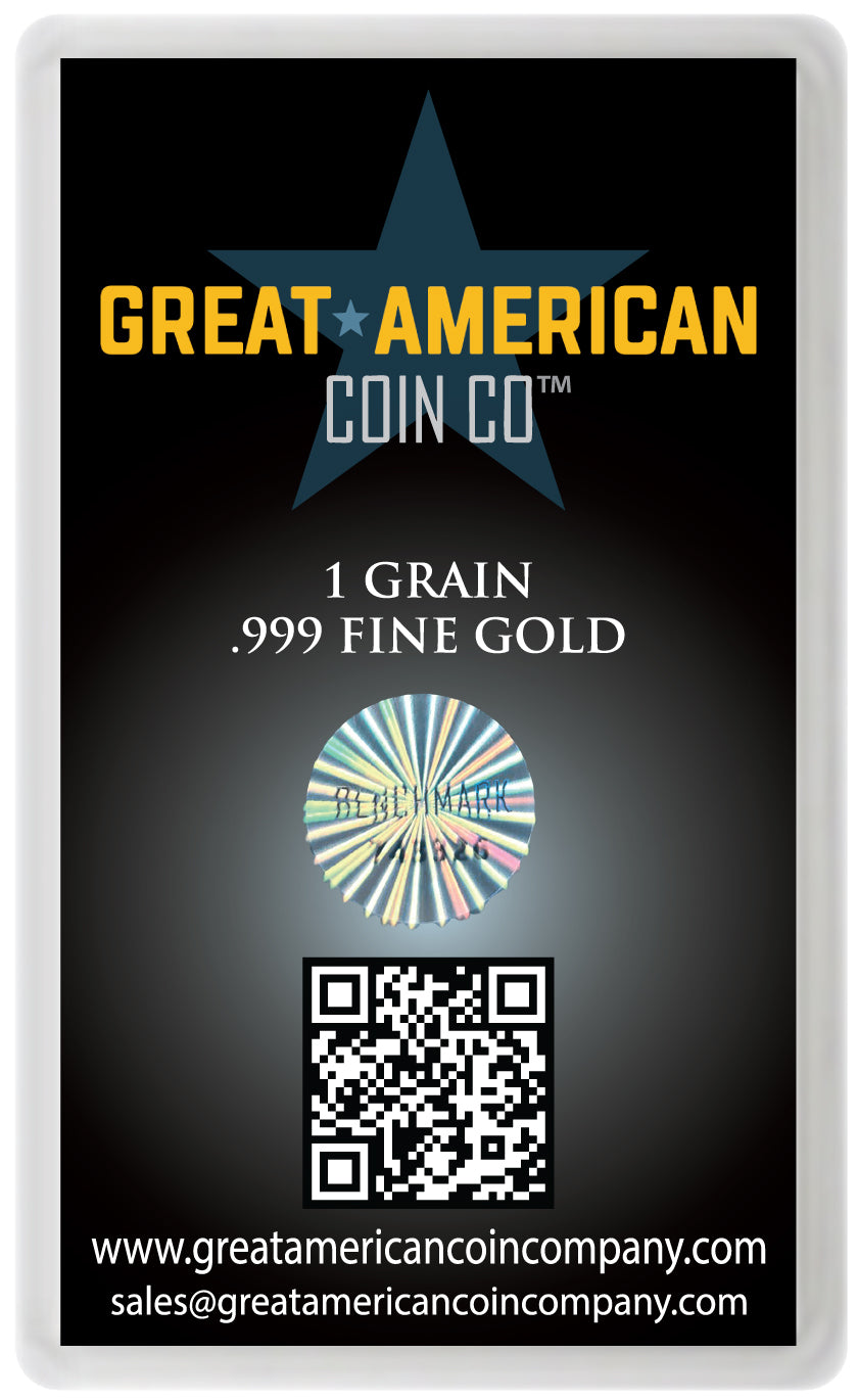 Great American Coin Co gold 1.0 grain packaging with gold bar illustration and contact information back