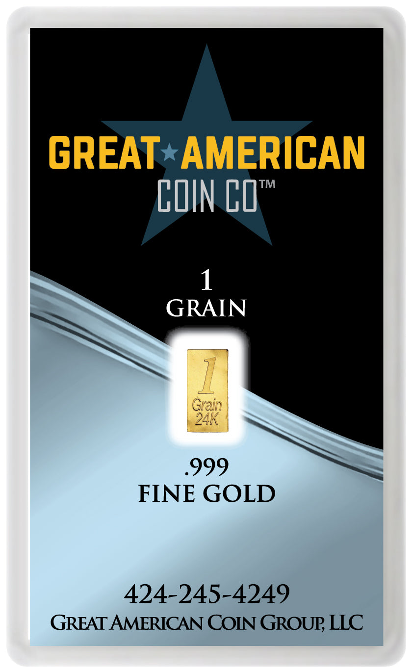 Great American Coin Co gold 1.0 grain packaging with gold bar illustration and contact information front