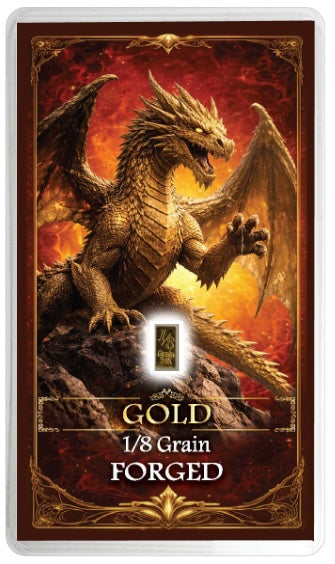 A collectible card featuring a detailed illustration of a golden dragon against a fiery red and orange background. The card includes ornate gold borders and text reading 'GOLD 1/8 Grain FORGED' near the bottom.