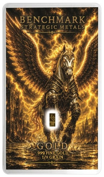 A Benchmark Strategic Metals gold coin or metal sample card featuring a fantasy winged horse illustration in glowing gold and black tones, with the text 'BENCHMARK STRATEGIC METALS' at the top and 'GOLD 999 FINE GOLD 1/3 GRAIN' at the bottom.