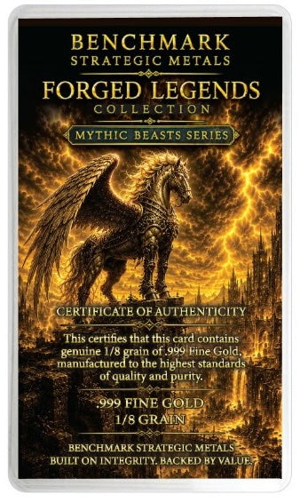 A collectible card from the Benchmark Strategic Metals Forged Legends Collection, Mythic Beasts Series, featuring a golden griffin on a fiery background with a Certificate of Authenticity detailing 999 fine gold.