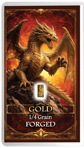 A collectible fantasy card featuring a golden dragon on a rocky background with fiery red and orange flames. The card has ornate gold borders and text reading 'GOLD 1/4 Grain FORGED' at the bottom.