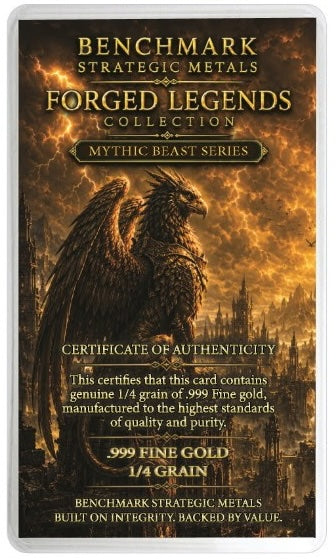 A Benchmark Strategic Metals Forged Legends Collection Mythic Beast Series card featuring a large golden griffin against a fiery orange and gold background, with text detailing 999 fine gold and 1/4 grain authenticity.
