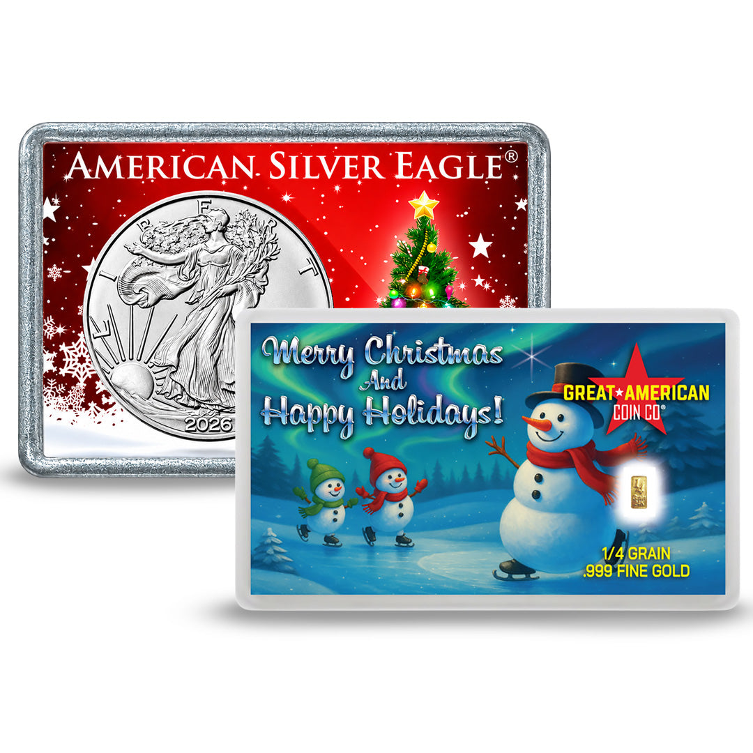 2026 $1 American Silver Eagle with Christmas Tree Holiday Gift Holder + FREE 1/4 Grain .999 Gold Assay Card