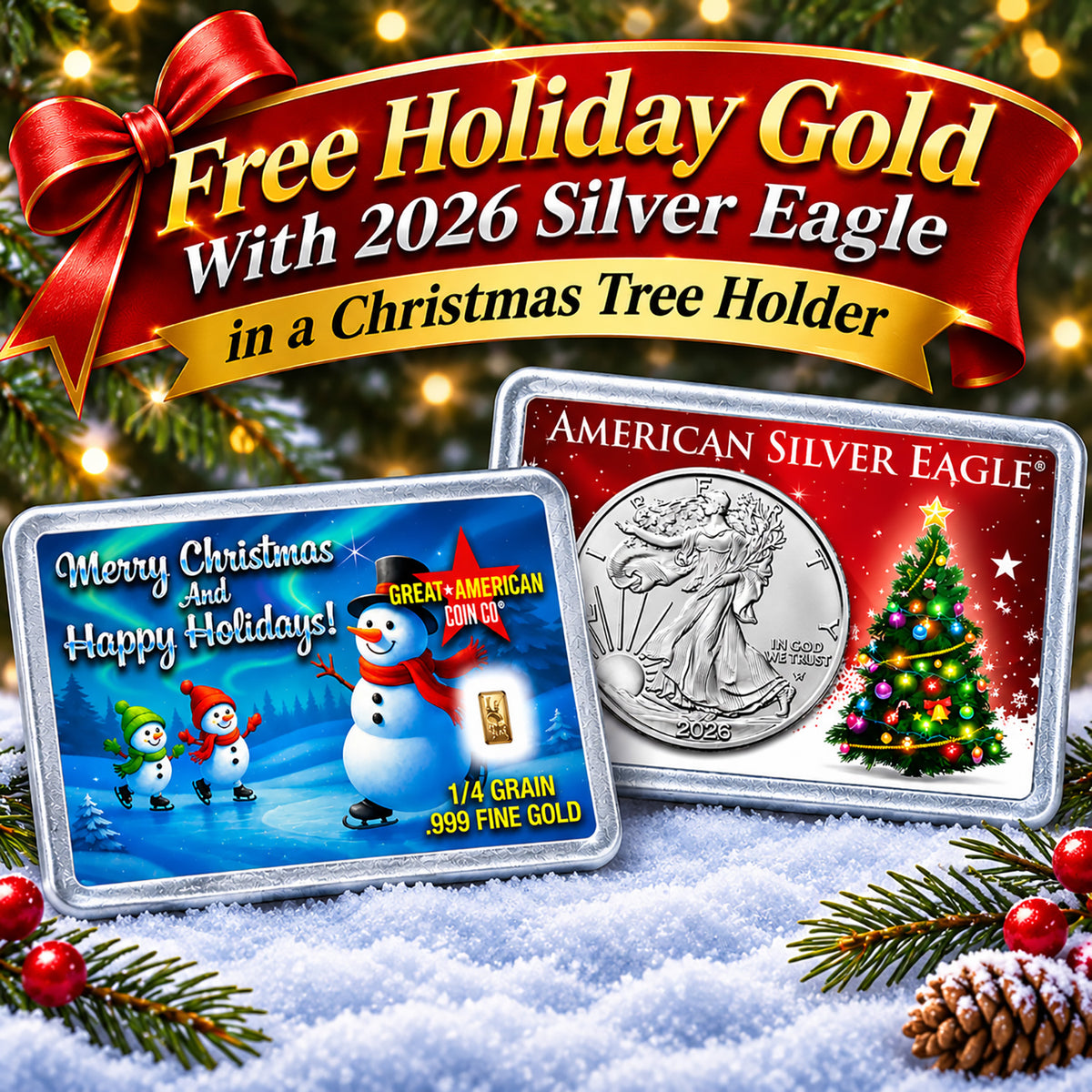 2026 $1 American Silver Eagle with Christmas Tree Holiday Gift Holder + FREE 1/4 Grain .999 Gold Assay Card