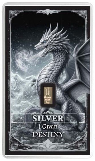 A silver 1 grain bar in a sealed assay card 'SILVER 1 Grain DESTINY' centered on a decorative black and white dragon illustration card, with a clear outer border.