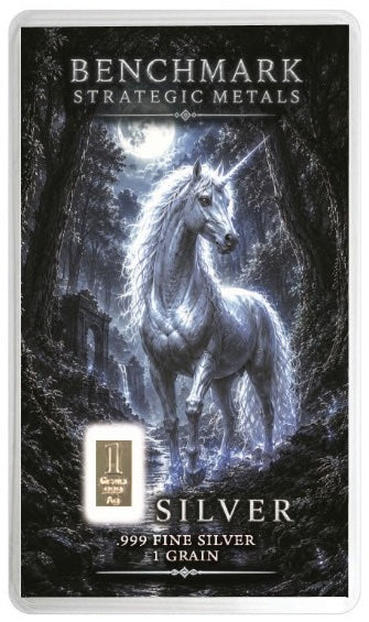 1 grain sealed assay card featuring a glowing white unicorn in a dark forest under a full moon, with text reading and 'SILVER 999 FINE SILVER 1 GRAIN'.