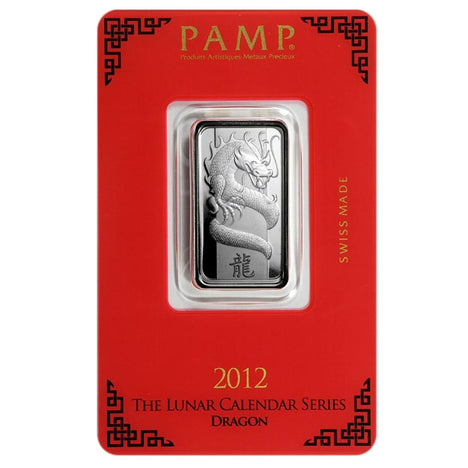 10 Gram .999 Fine Silver Bar - Pamp Suisse - Year of the Dragon 2012 - Lunar Series