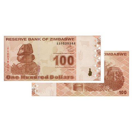 $100 Zimbabwe Banknotes 2009 AA Series Uncirculated - Low Denomination