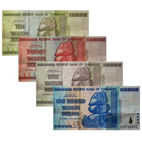 The Trillion Set Circulated - 100, 50, 20 and 10 Trillion Zimbabwe Banknotes 2008 AA Series Circulated