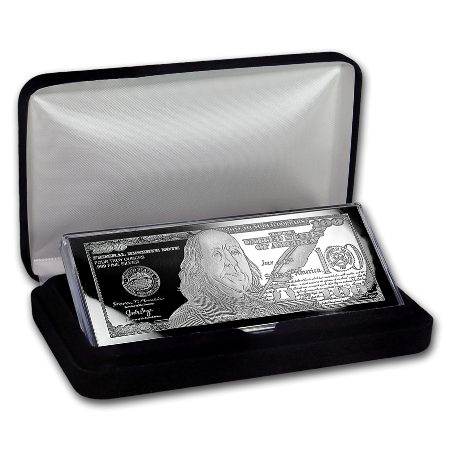 4 Ounce Oz .999 Silver Bar $100 Franklin Bill Design Includes Display Box