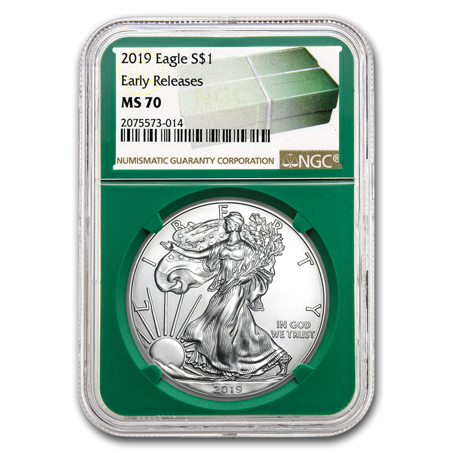2019 $1 American Silver Eagle MS70 NGC - Early Releases, Green Holder