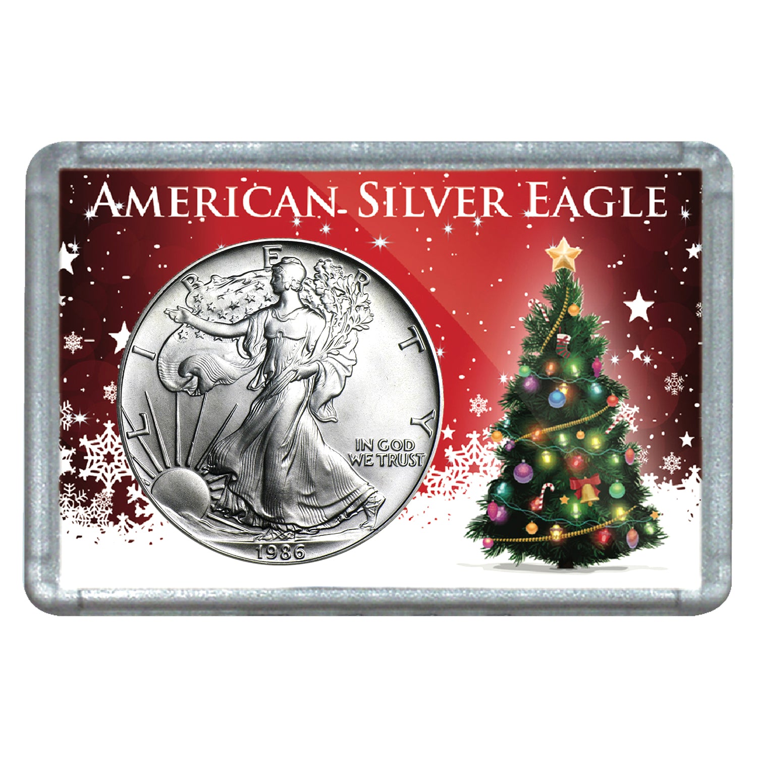 1986 $1 American Silver Eagle with Christmas Tree Holiday Gift Holder