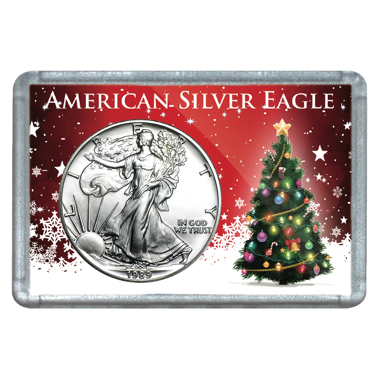 1989 $1 American Silver Eagle with Christmas Tree Holiday Gift Holder