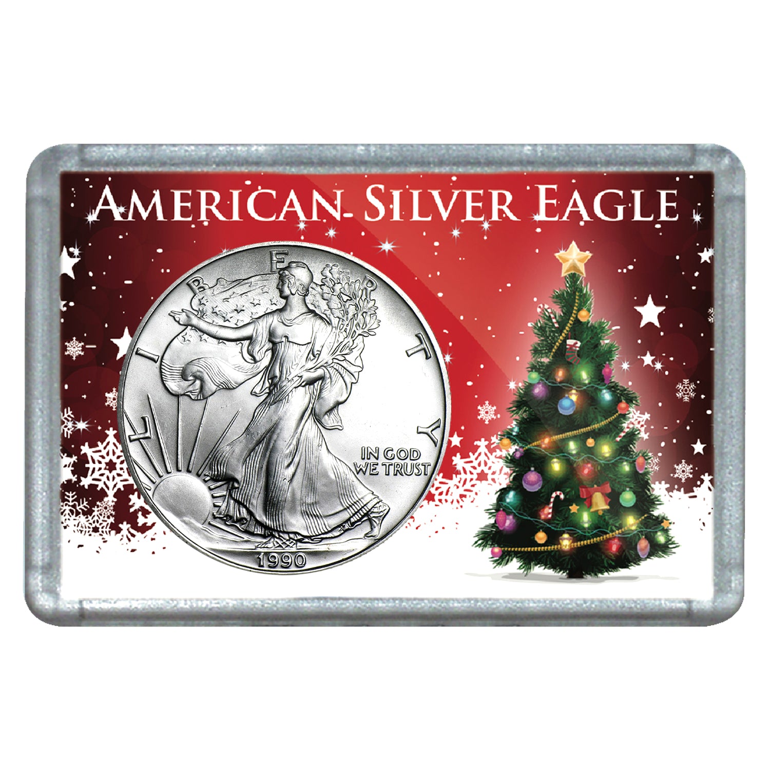 1990 $1 American Silver Eagle with Christmas Tree Holiday Gift Holder