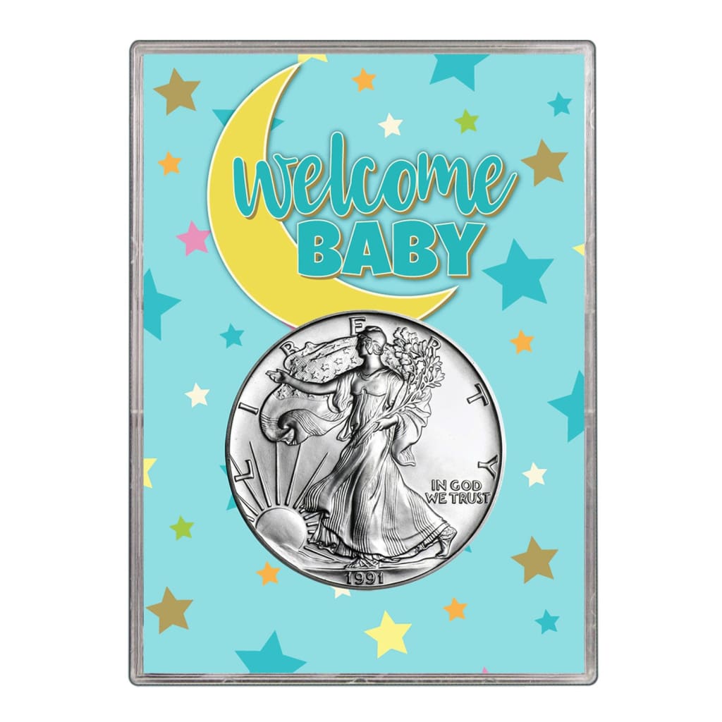 1991 $1 American Silver Eagle Gift Holder - Welcome Baby Blue Design