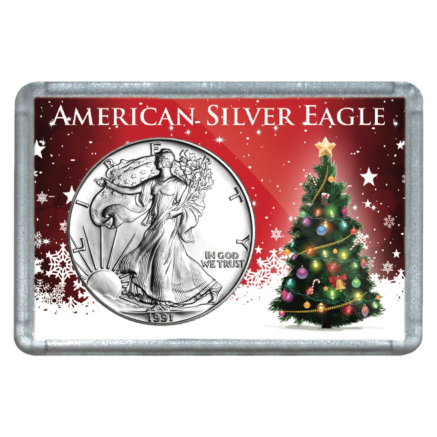1991 $1 American Silver Eagle with Christmas Tree Holiday Gift Holder