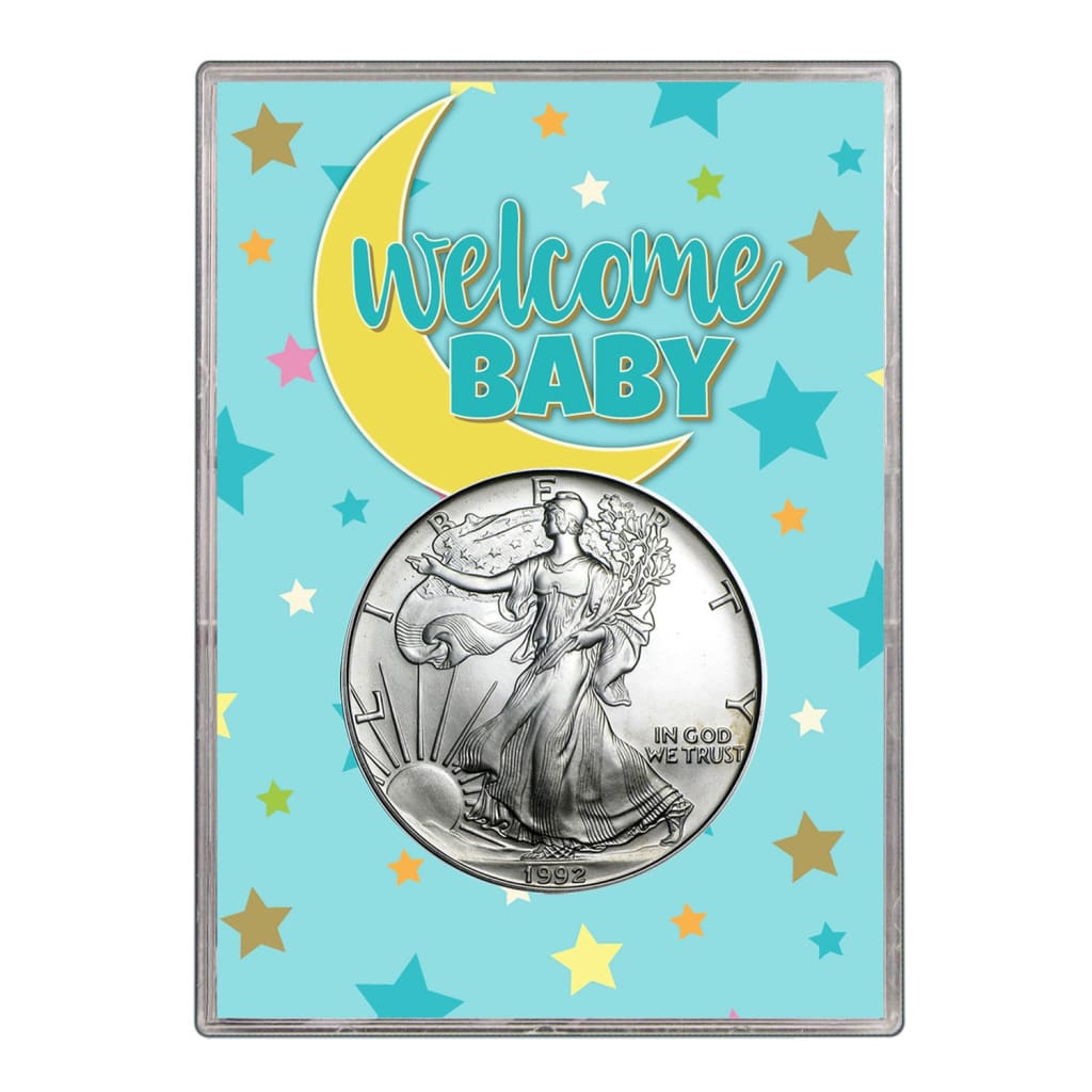 1992 $1 American Silver Eagle Gift Holder - Welcome Baby Blue Design