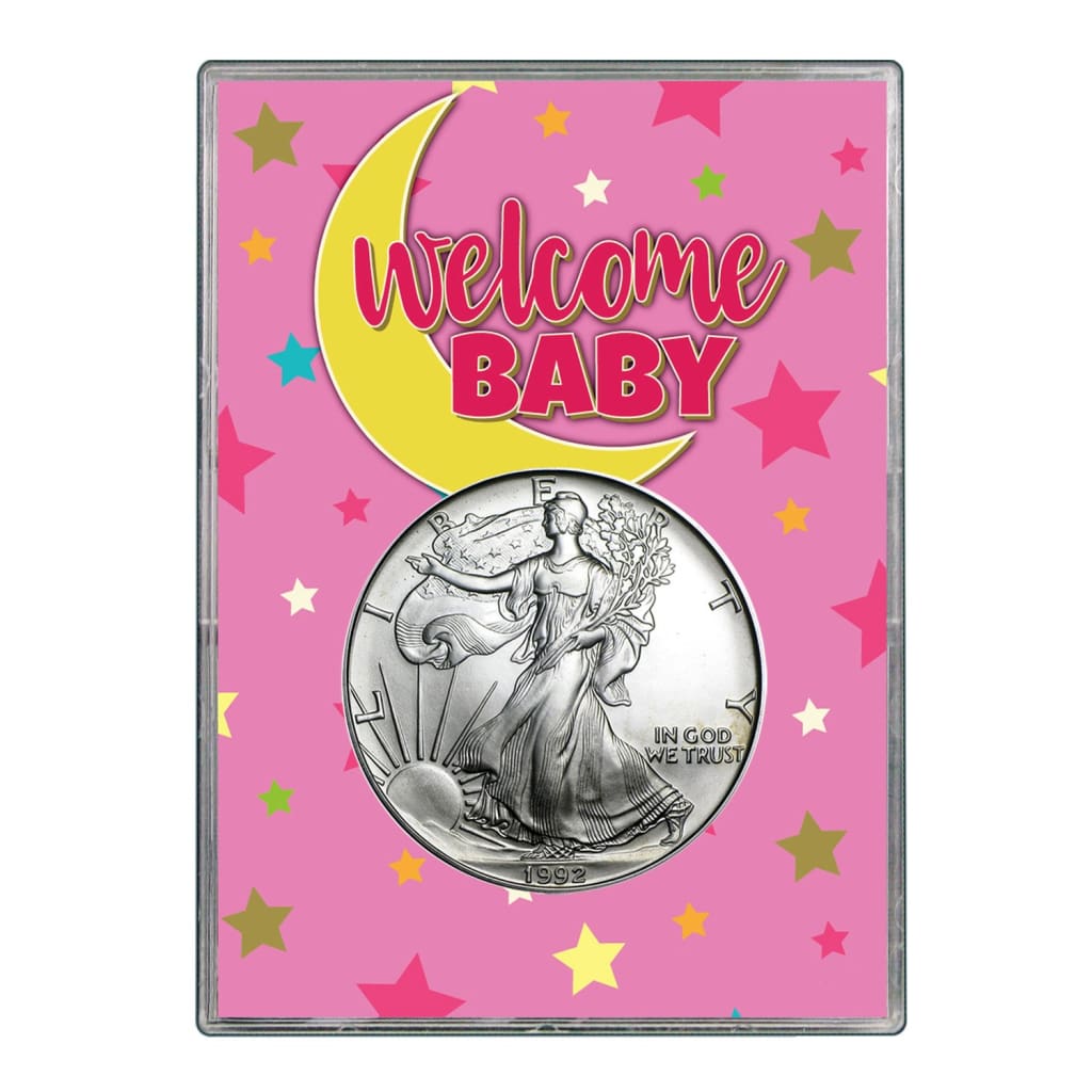 1992 $1 American Silver Eagle Gift Holder - Welcome Baby Pink Design