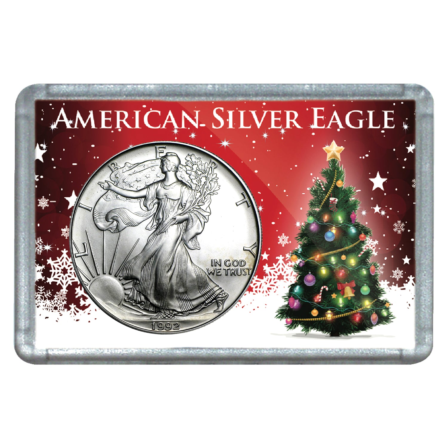 1992 $1 American Silver Eagle with Christmas Tree Holiday Gift Holder