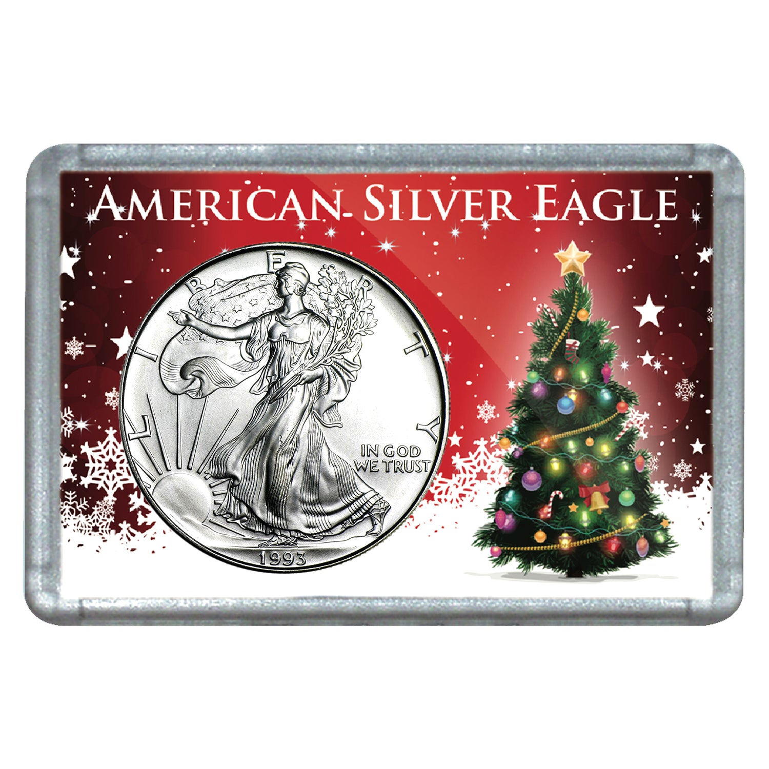 1993 $1 American Silver Eagle with Christmas Tree Holiday Gift Holder