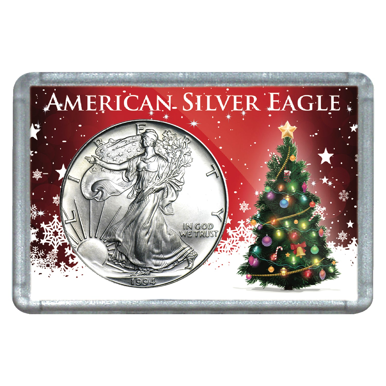 1994 $1 American Silver Eagle with Christmas Tree Holiday Gift Holder