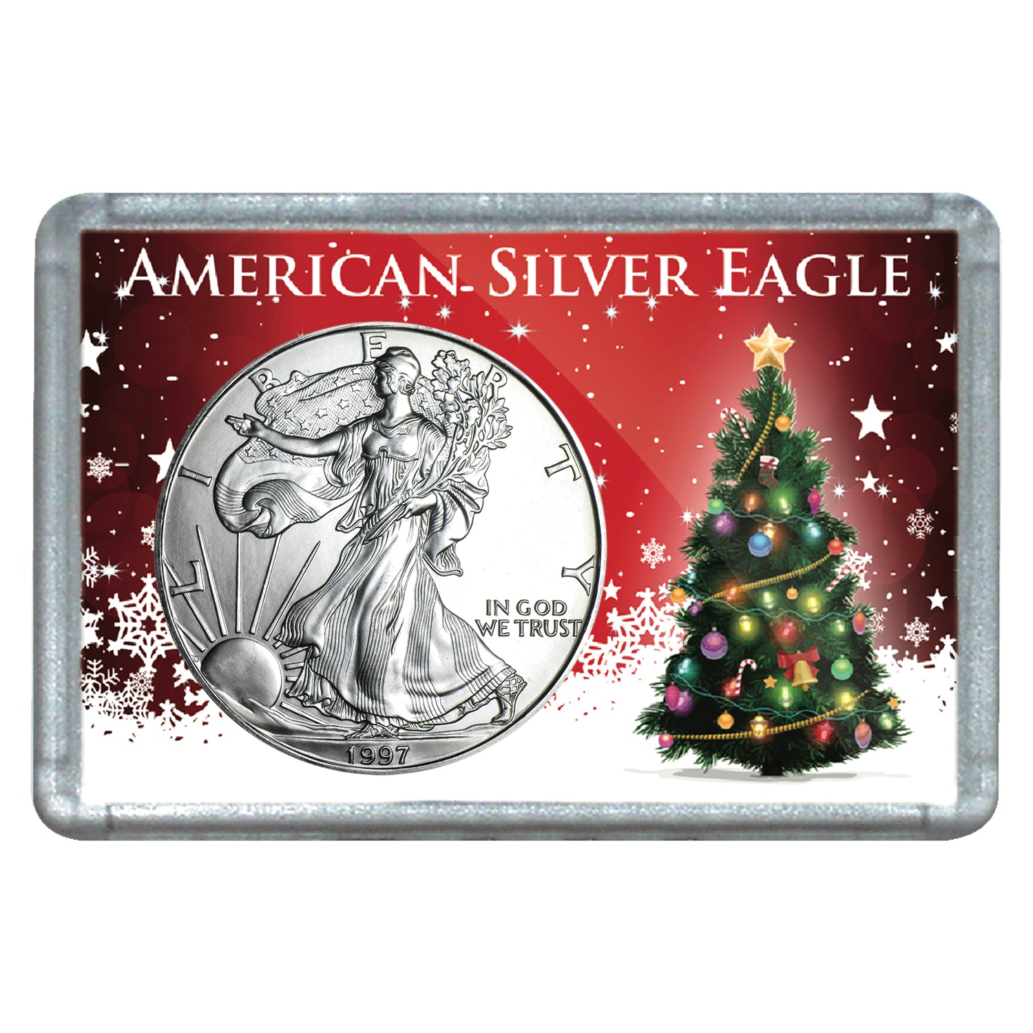 1997 $1 American Silver Eagle with Christmas Tree Holiday Gift Holder