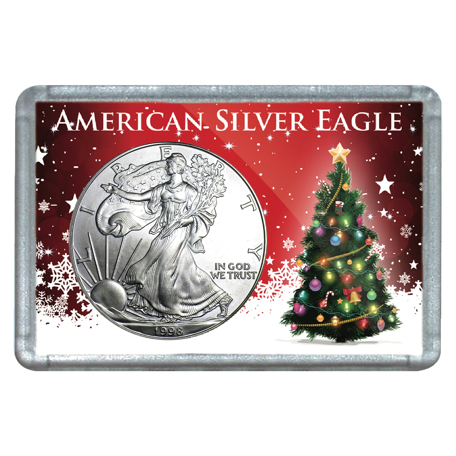 1998 $1 American Silver Eagle with Christmas Tree Holiday Gift Holder