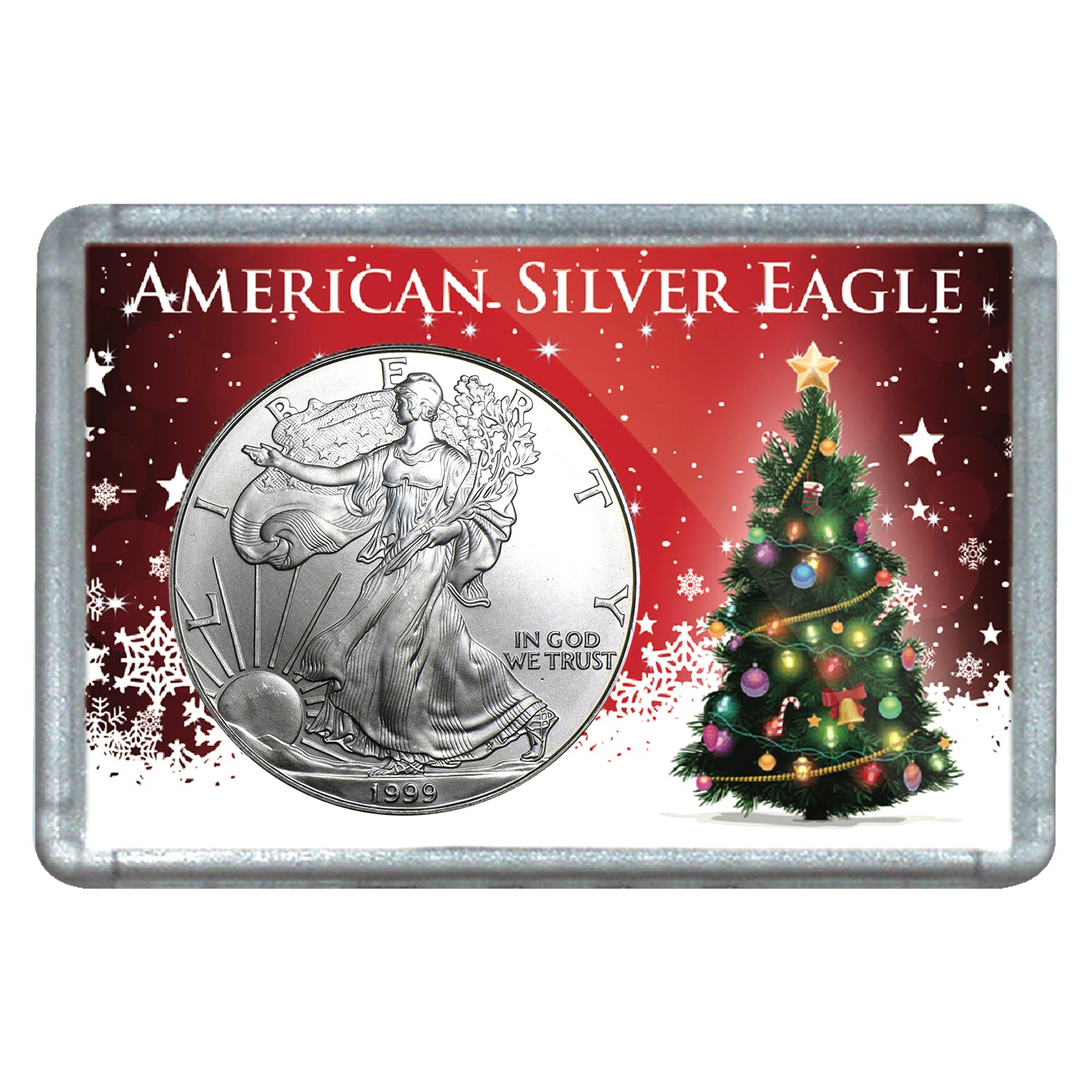1999 $1 American Silver Eagle with Christmas Tree Holiday Gift Holder
