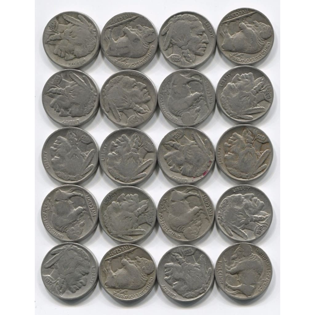 20 Indian Head Buffalo Nickel Coins Lot Full Date 1/2 Roll Mixed Set Collection