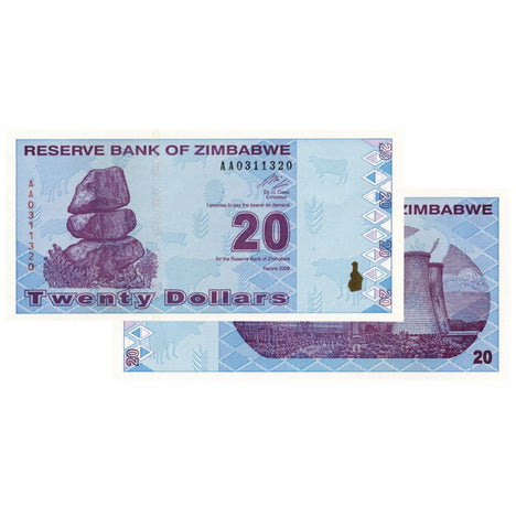$20 Zimbabwe Banknotes 2009 AA Series Uncirculated - Low Denomination
