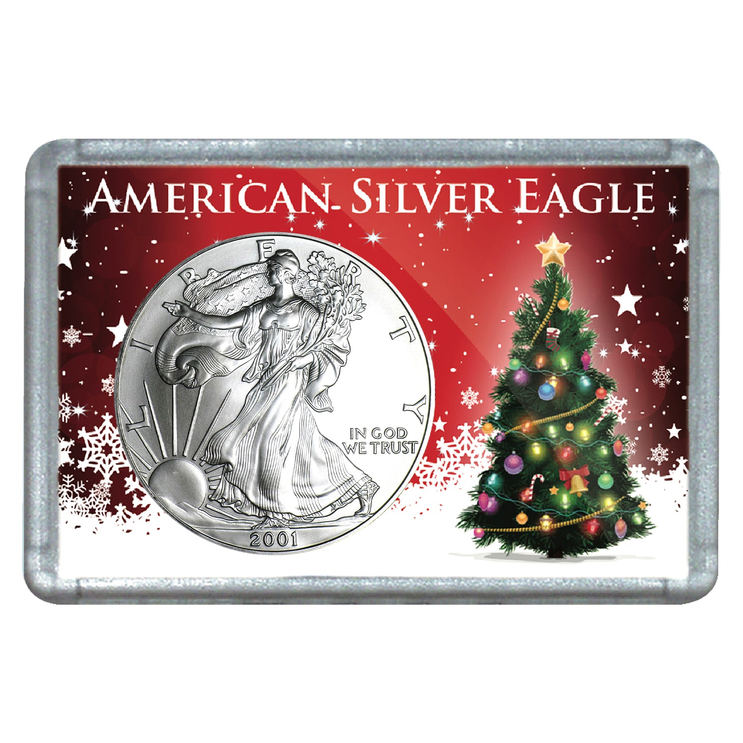 2001 $1 American Silver Eagle with Christmas Tree Holiday Gift Holder