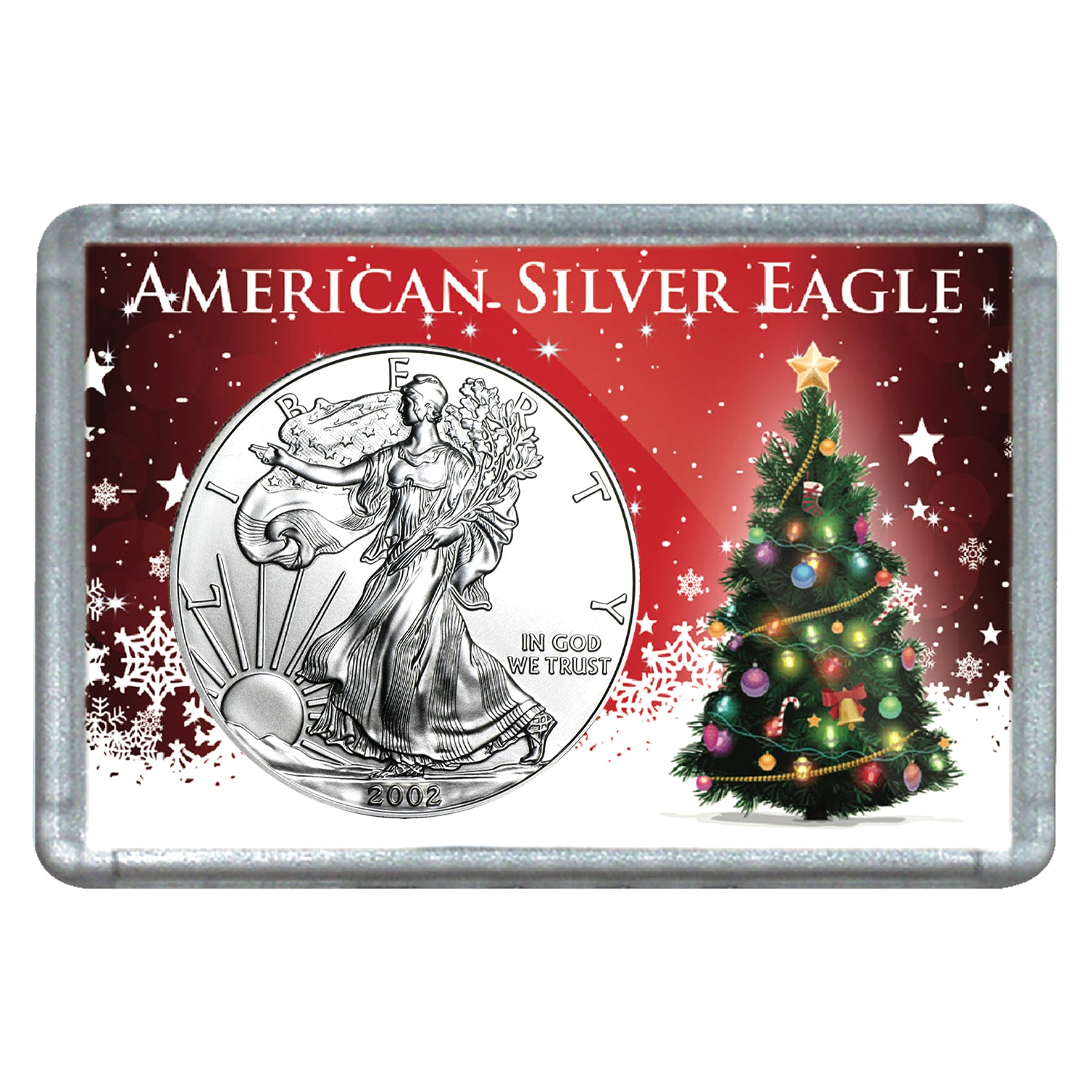 2002 $1 American Silver Eagle with Christmas Tree Holiday Gift Holder