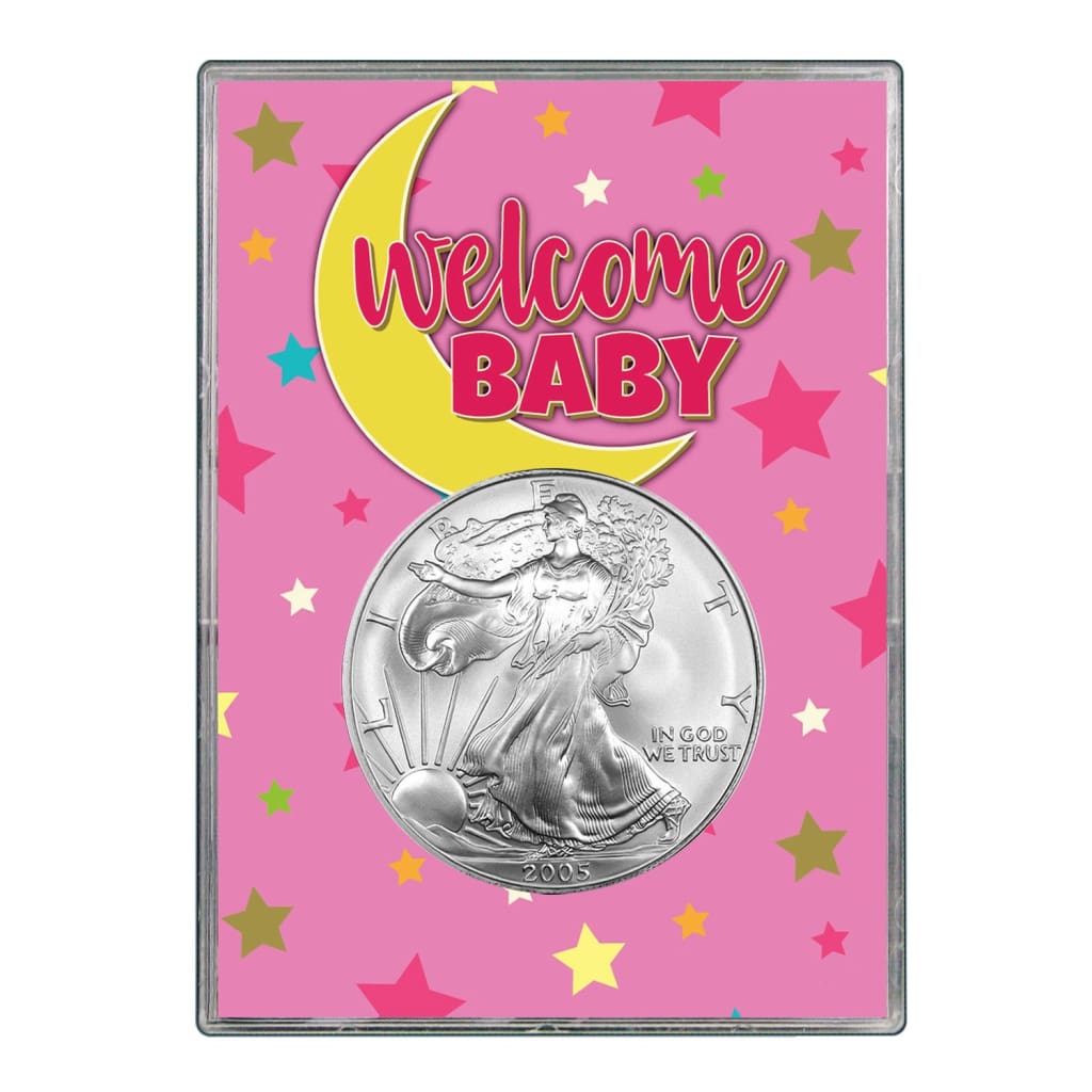 2005 $1 American Silver Eagle Gift Holder - Welcome Baby Pink Design