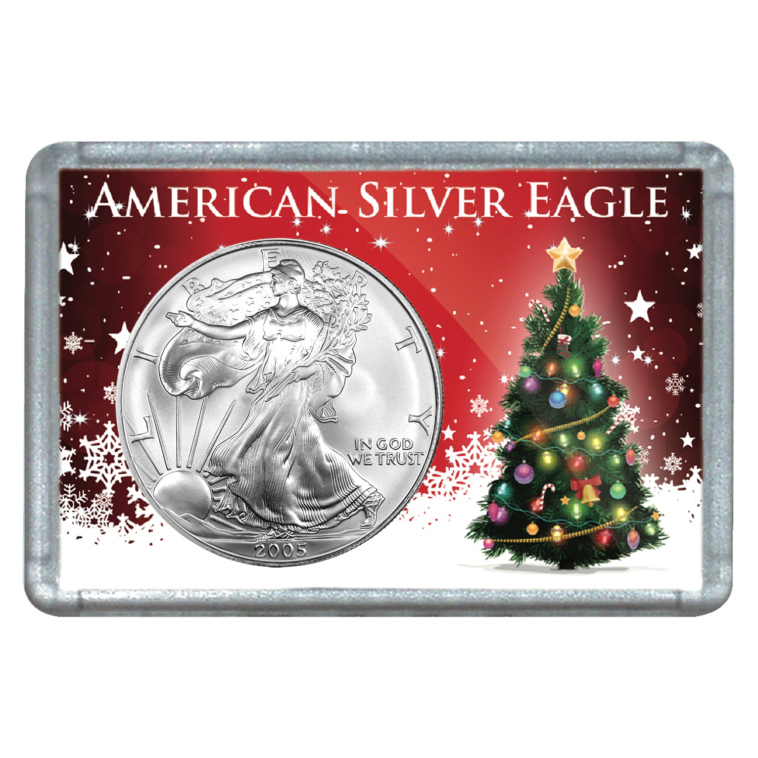 2005 $1 American Silver Eagle with Christmas Tree Holiday Gift Holder
