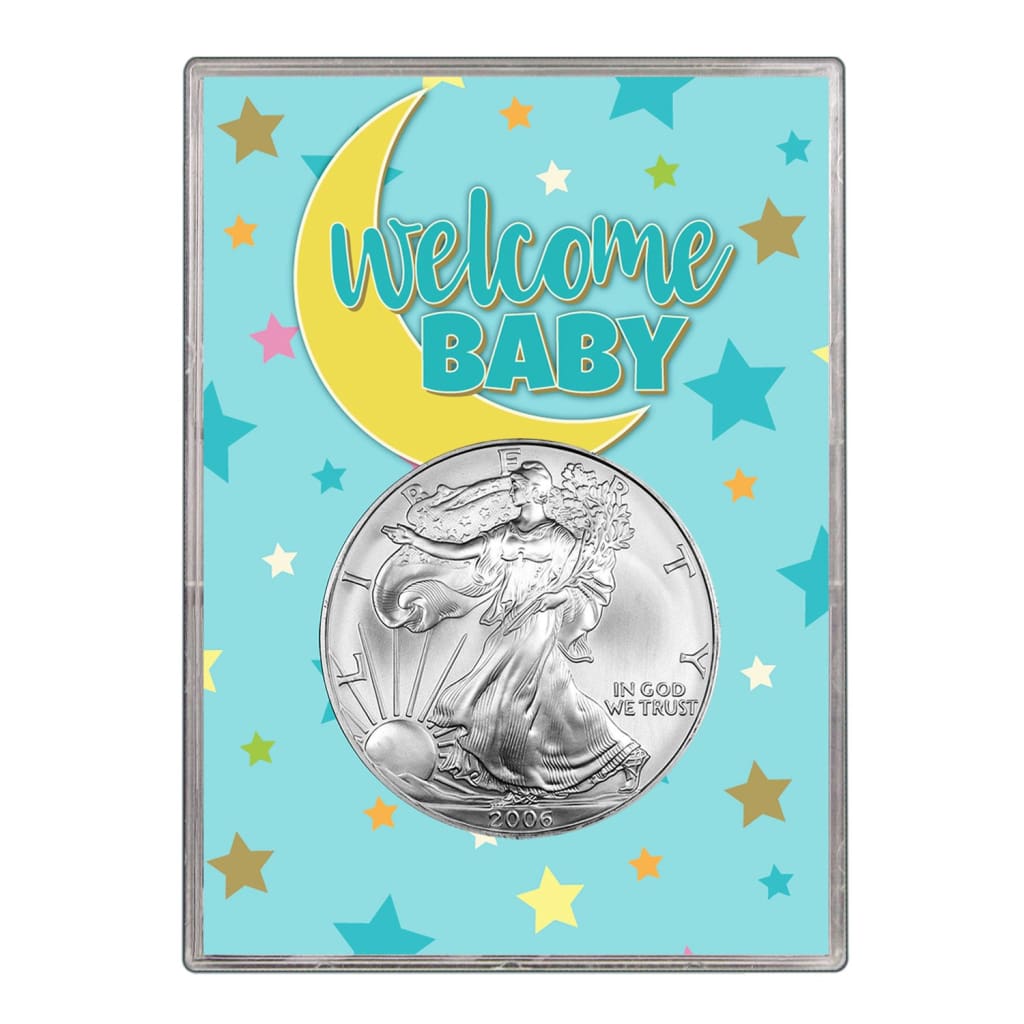 2006 $1 American Silver Eagle Gift Holder - Welcome Baby Blue Design