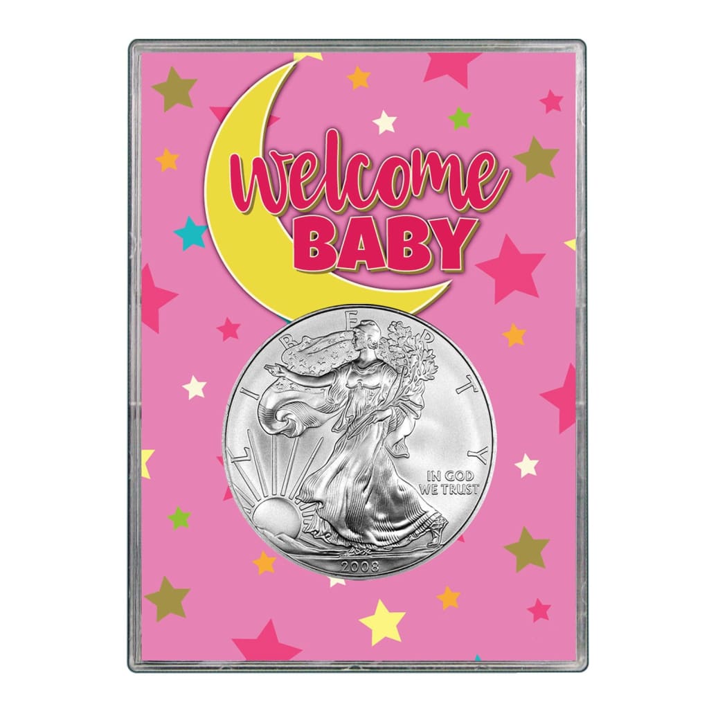 2008 $1 American Silver Eagle Gift Holder - Welcome Baby Pink Design