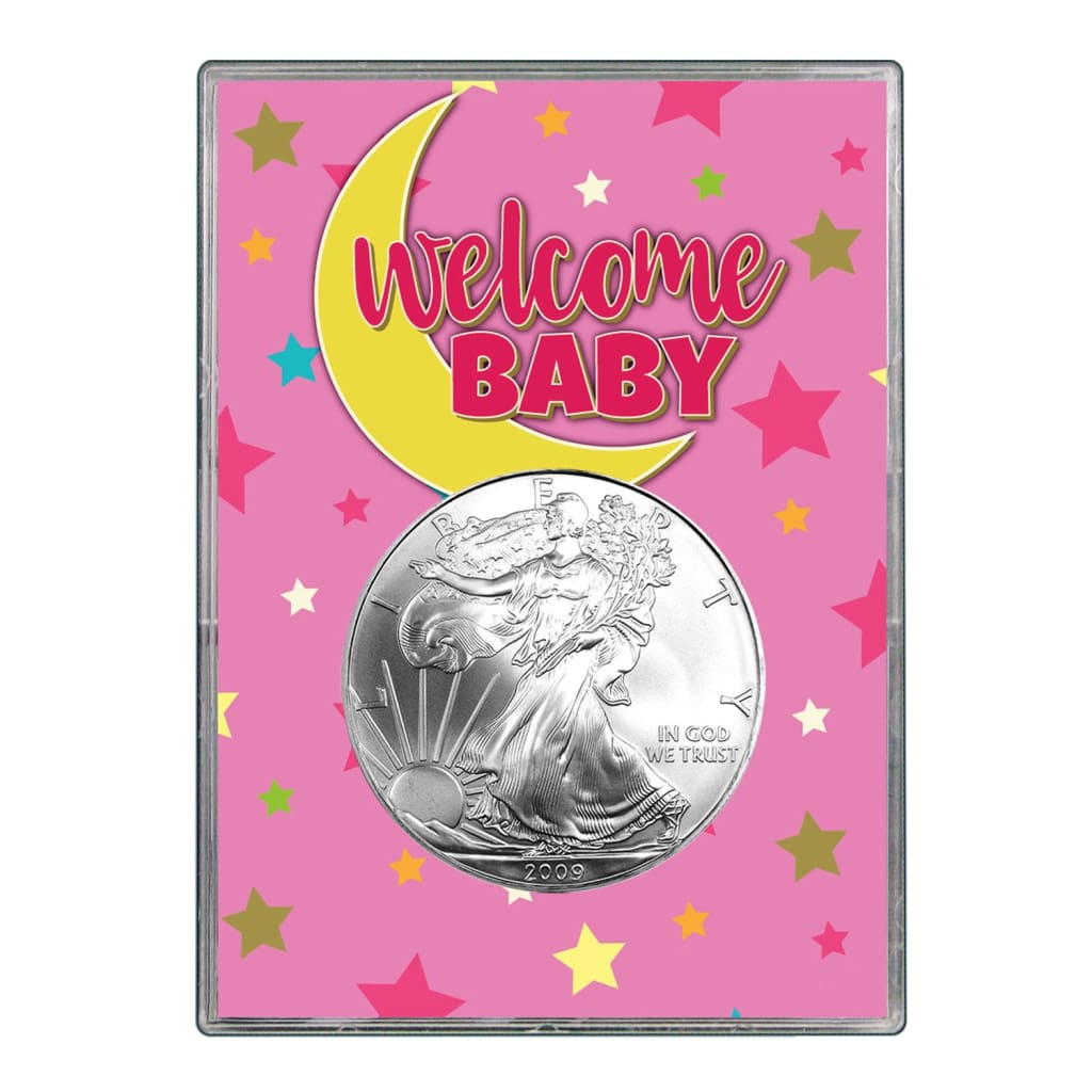 2009 $1 American Silver Eagle Gift Holder - Welcome Baby Pink Design