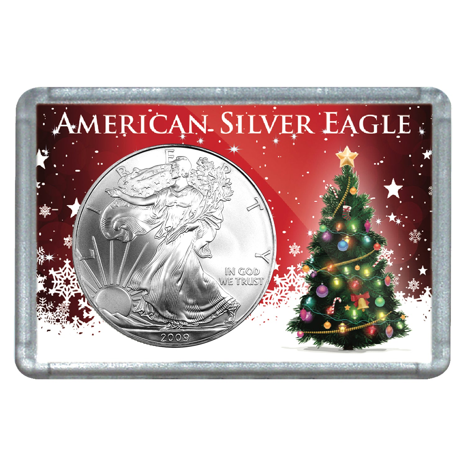 2009 $1 American Silver Eagle with Christmas Tree Holiday Gift Holder