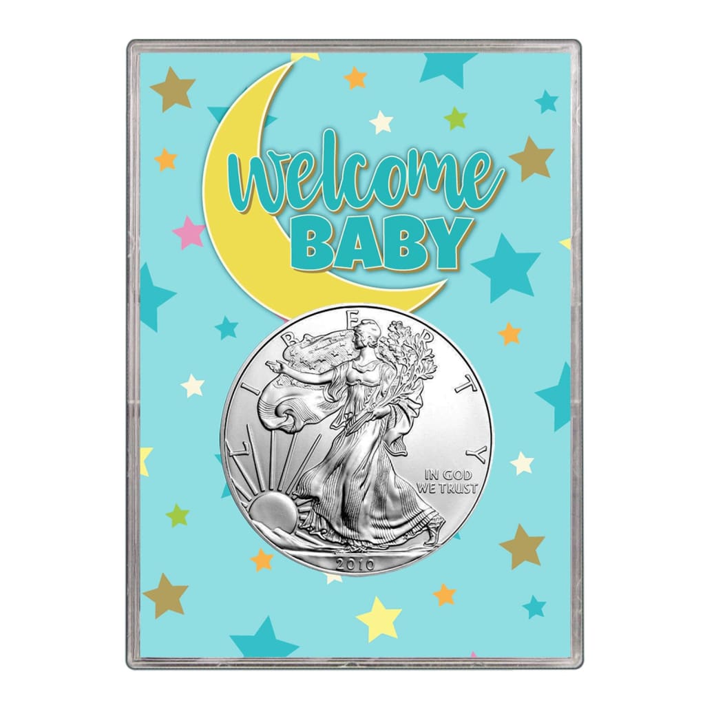 2010 $1 American Silver Eagle Gift Holder - Welcome Baby Blue Design