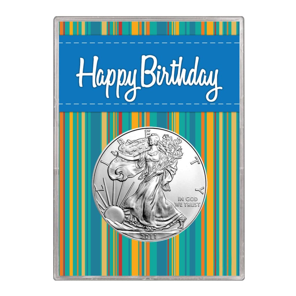 2011 $1 American Silver Eagle Gift Holder Happy Birthday Blue Design