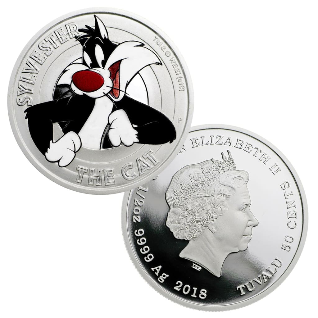 2018 Tuvalu 1/2 oz .999 Silver Looney Tunes Sylvester Colorized 50c with Box