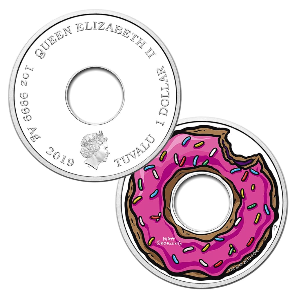 2019 Tuvalu $1 - 1 oz .9999 Silver The Simpsons Colorized Donut Proof