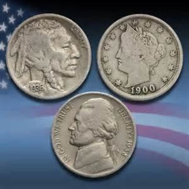 3 Pc. Old Nickel Set - Buffalo Nickel (1913-1937) - Liberty Nickel (1883-1912)- Wartime Silver Jefferson Nickel