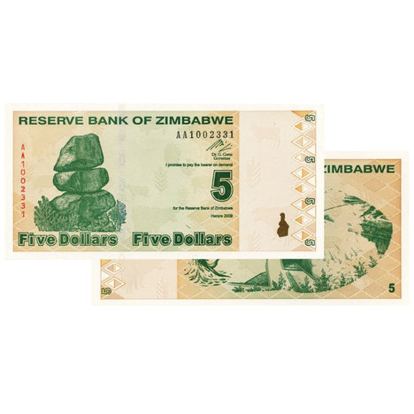 $5 Zimbabwe Banknotes 2009 AA Series Uncirculated - Low Denomination